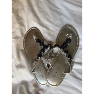 Ann Taylor Womens Silver Metallic Beaded Thong Sandals Navy Cabochon Flat Shoes